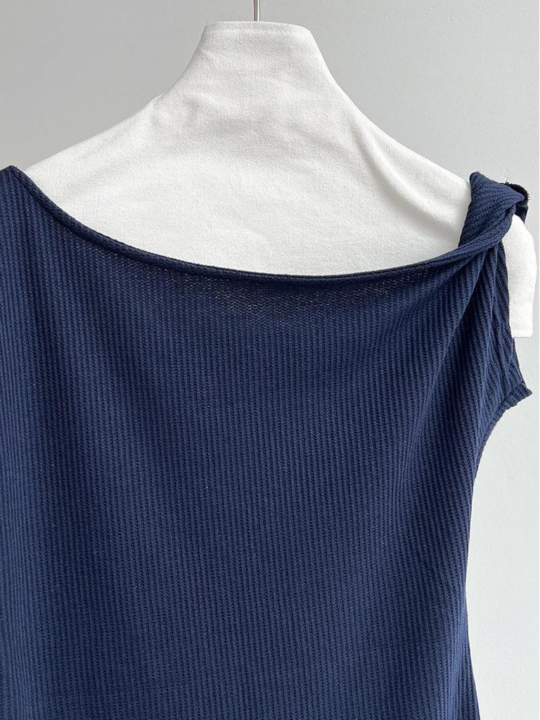 LUXI Asymmetrical One-Shoulder Waffle Knit Top - Summer Slim Fit for Women