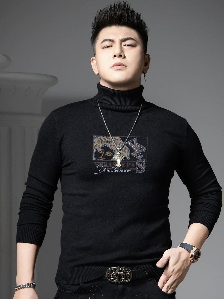 

European-Style Autumn and Winter High-End Knitwear for Men, 2025 New Trendy Brand Printed Base Layer Warm Turtleneck Sweater L чёрный