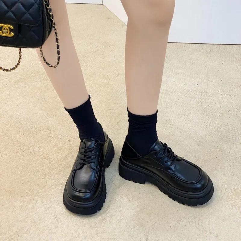 Fashion White Preppy Style Women's Flats Lace-up Thick Sole Round Head Japanese System Shoes Comfortable Rubber Upper Summer Shoes