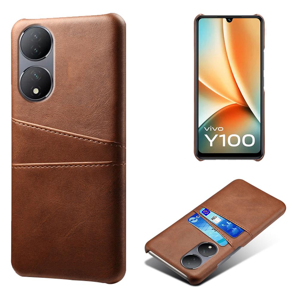 

For vivo Y100 5G Drop Protection Phone Case Dual Card Slots PU Leather Coated PC Cover Brown