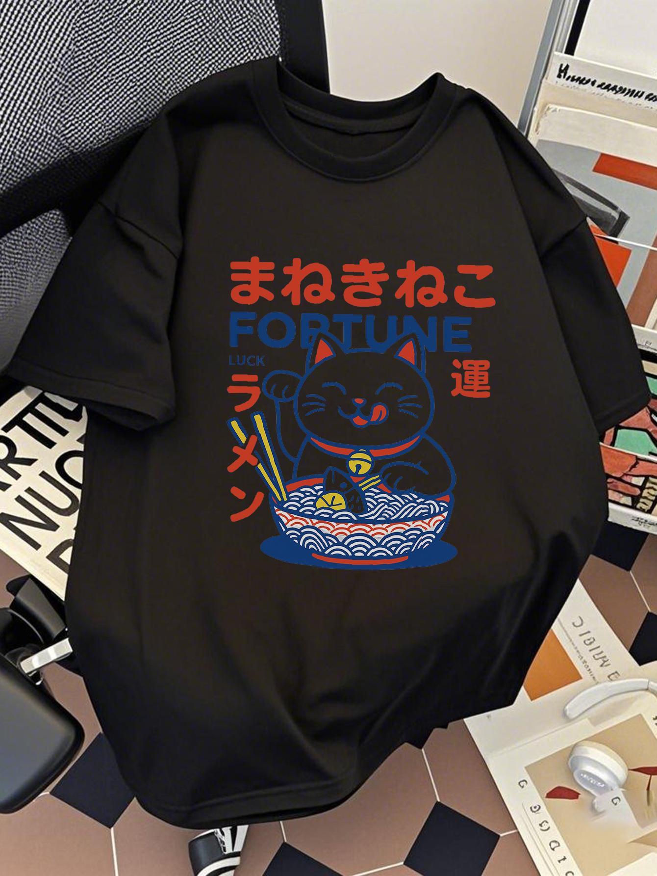 Kawaii Fortune Unisexeki Neko Raunisex Cat Graphic T Shirt Japanese Kanji Print Harajuku Aesthetic Unisex Loose Short Sleeve Tops S