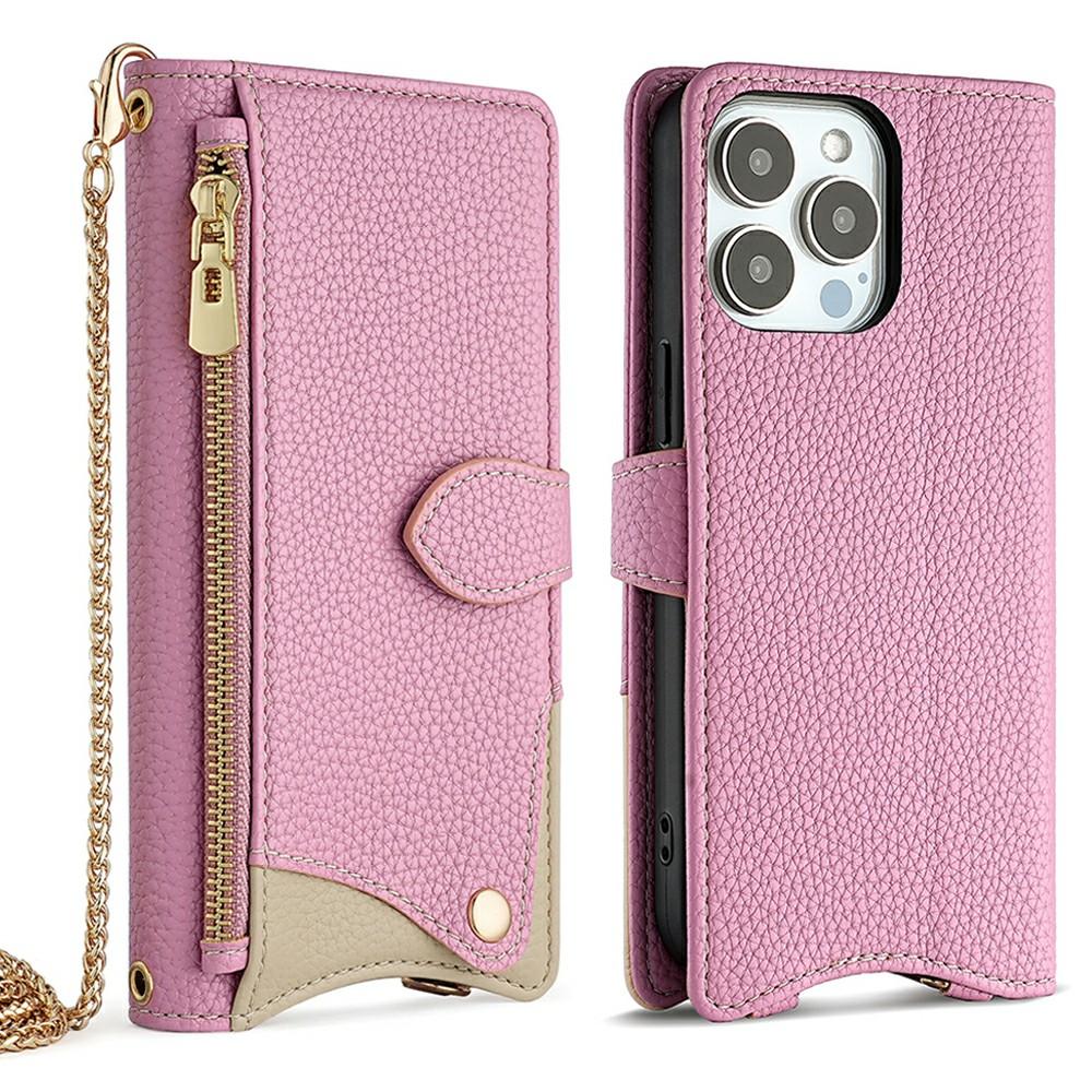 

For iPhone 15 Pro Max Leather Case Wallet Stand Cover Irregular Tail Style with Chain Strap D