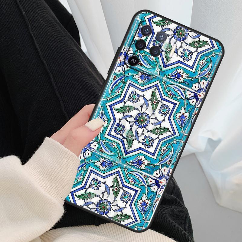 Square Turkish Flower Tiles Case For Oppo A17 A57 A77 A40 A78 A54 A74 A94 A76 A16 A96 A18 A60 A80 A38 A58 A98 A15 A5 Pro