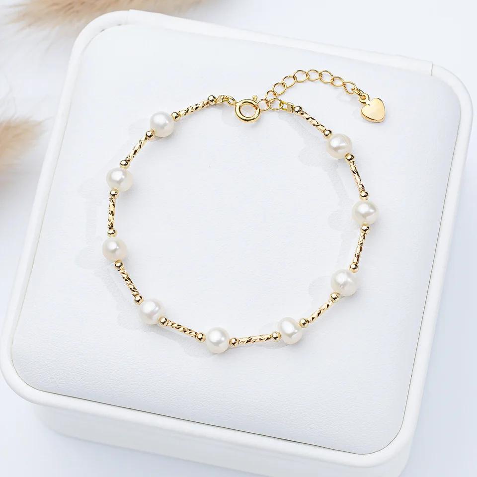 5-6mm Baroque Freshwater Pearl Bracelet for Women Girls Heart Rectangle clasp 16cm+3cm 18k Gold Adjustable Bracelet Jewelry Gift