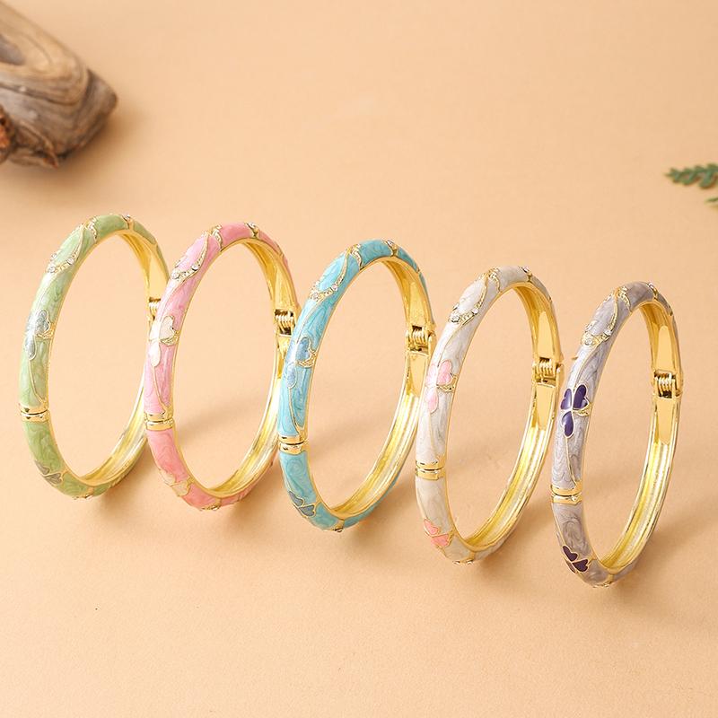 Fine Three-leaf Clover Set with Diamonds Bracelet For Women Gold Color Plated Ethnic Flower Enamel Bracelet Luxury Jewelry