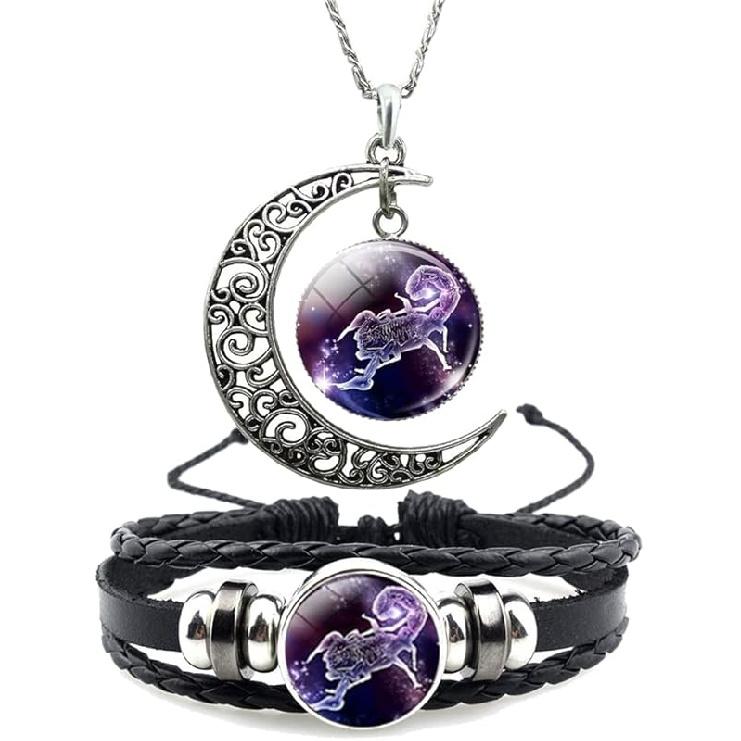 12 Zodiac Constellation Necklace Bracelet Time Gemstone Horoscope Astrology Moon Crescent Necklace for Women Men Birthday Gift Jewelry