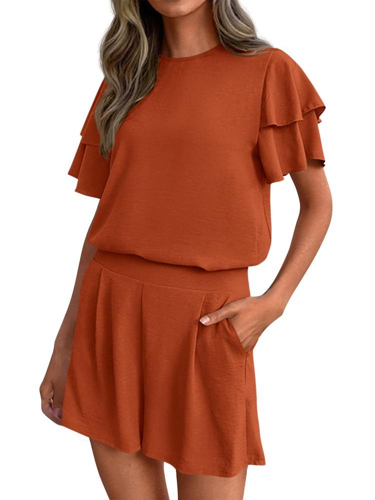 

Womens Short Sleeve Ruffle Top and Wide Leg Shorts Casual Set Multiple Colors S