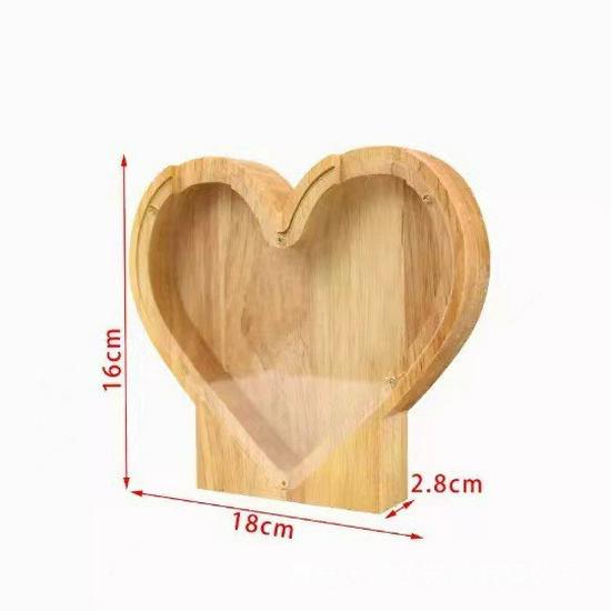 

Heart-Shaped Wooden Piggy Bank with Transparent Glass - Home Decoration, In Only Design