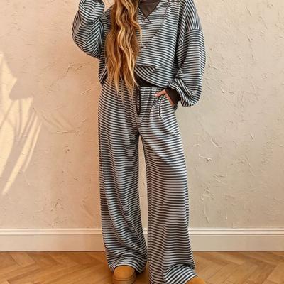 Damen 2026 Lockeres Bequemes Lounge Set Gestreifter Print Kordelzug Zweiteiliges Outfit Lässig Koreanischer Stil