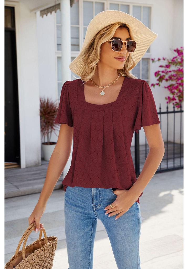 EU Cross-Border Women's Square Neck Pleated Short Sleeve Loose T-shirt 2024 Spring/Summer Collection