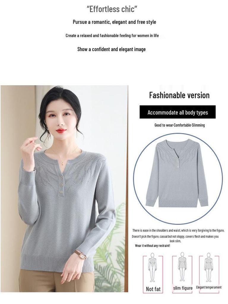 2025 Spring & Autumn Knitted Sweater for Middle-Aged Women: Loose, Round Neck Pullover for Ages 50s-60s