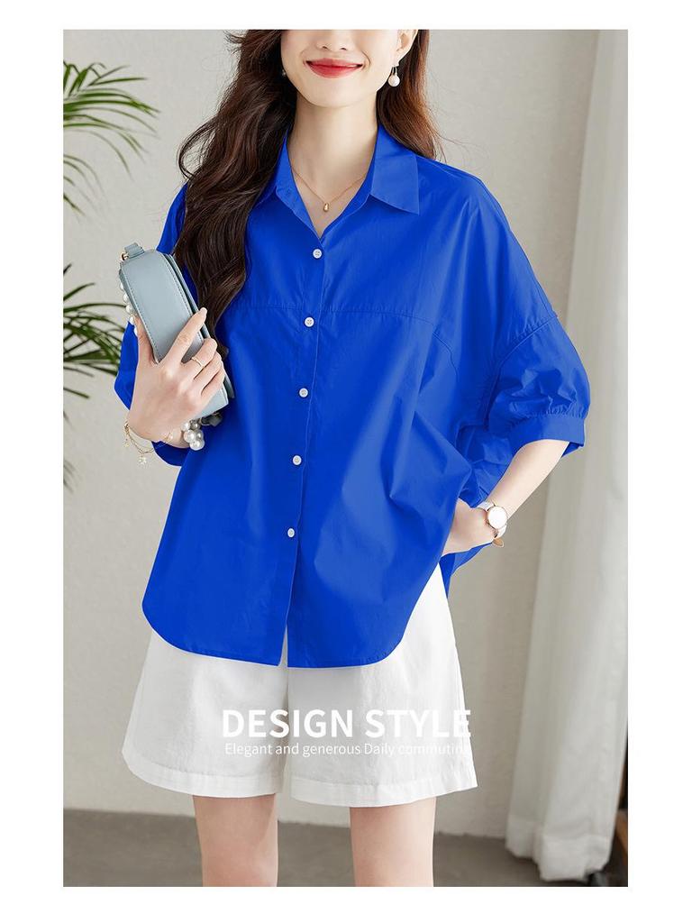 Women's Mid-Sleeve Blue Cotton Shirt - Summer 2025 Loose Slimming Casual Top