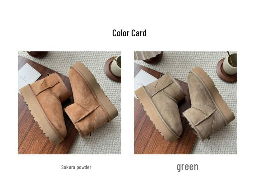 Women's Thick-Soled Snow Boots, Leather & Fur, Height-Boosting, Wool-Lined, Short Winter Boots.