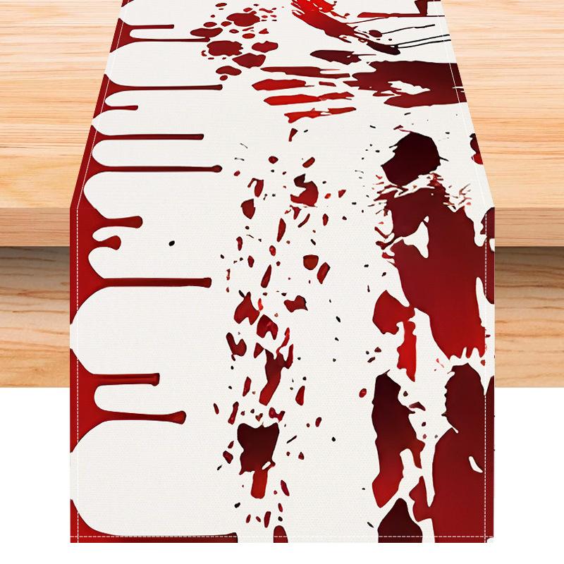 1pc Red White Halloween Table Runner Blood Fingerprint Pattern Dustproof Durable Tablecloth for Halloween Theme Party Decoration