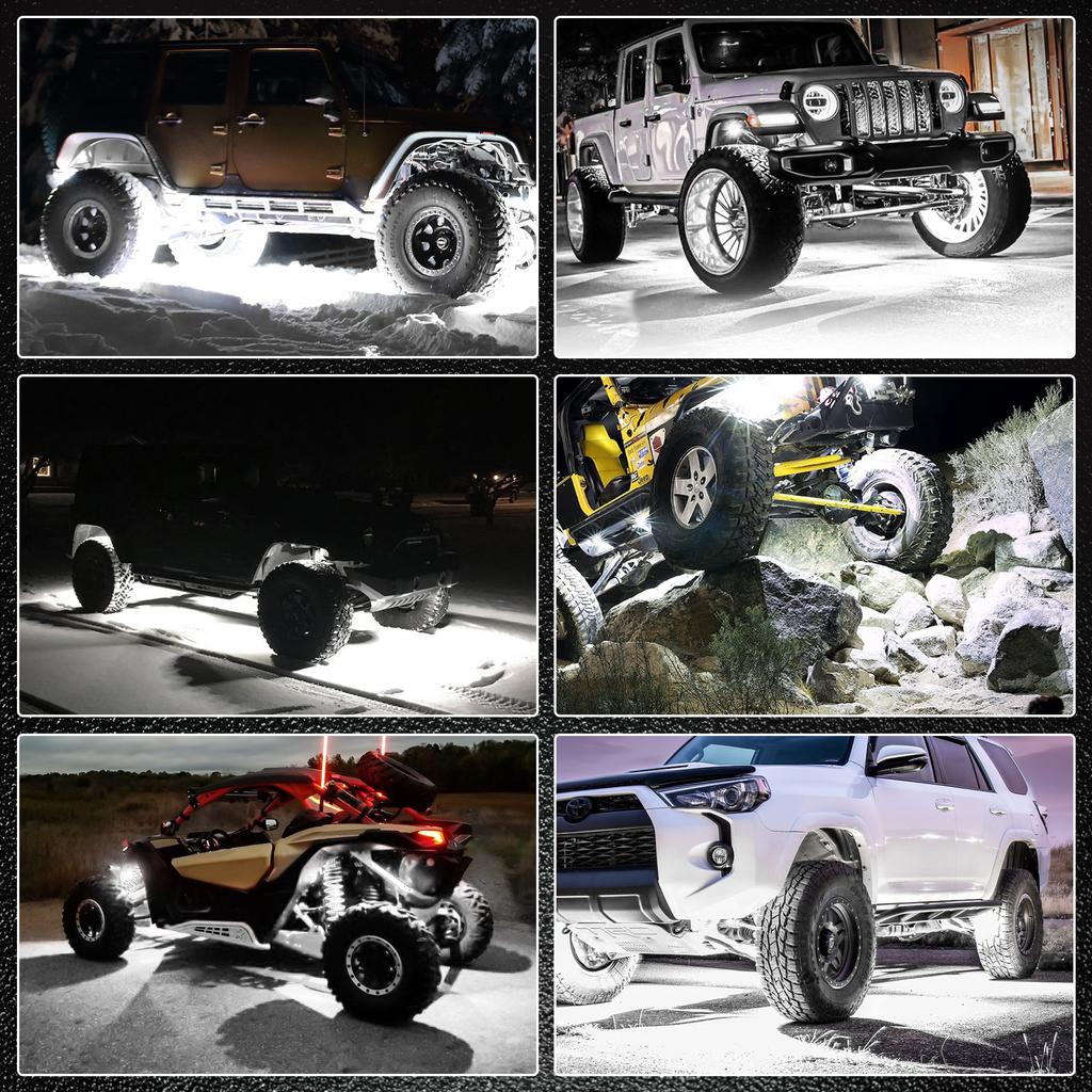 White LED Rock Lights, 12 Pods 12V Waterproof Underglow Underbody Kit Crawler Crawling Dome Exterior Wheel Lights for ATV RZ