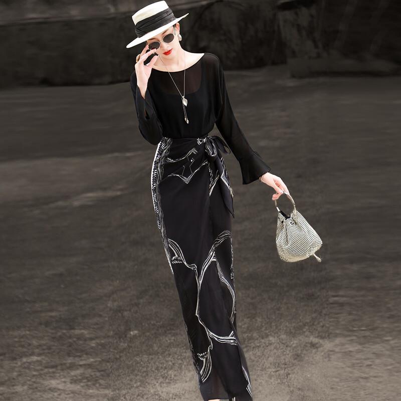 Lanse er Elegant Flared Sleeve Tied Waist Chiffon Dress S