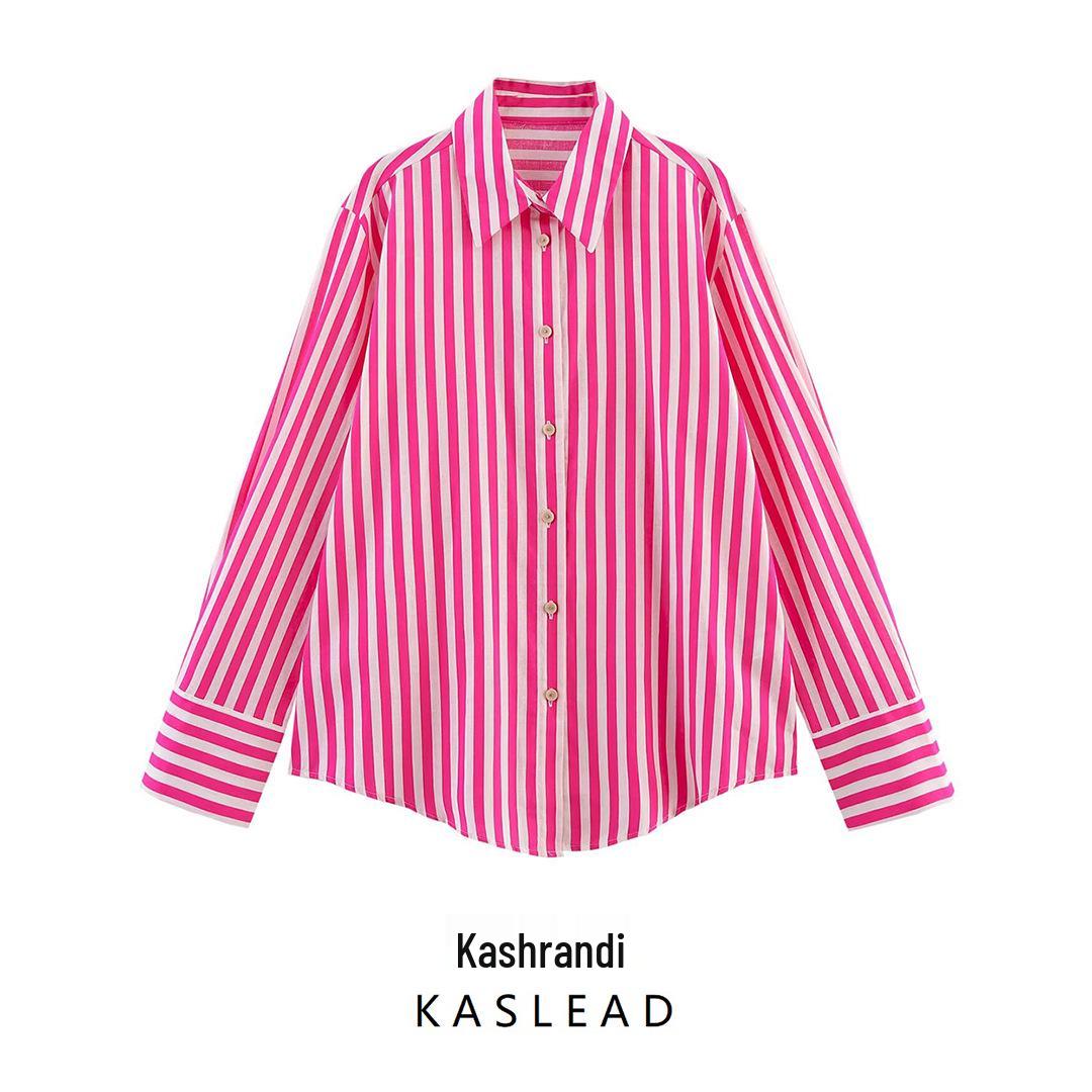 

2025 Spring Women s European & American Style Striped Loose Linen Shirt XS розы красного