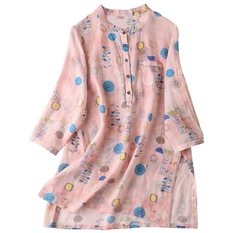 2025 Women's Trendy Loose Nine-Sleeve Printed Ramie Stand Collar Pullover Shirt