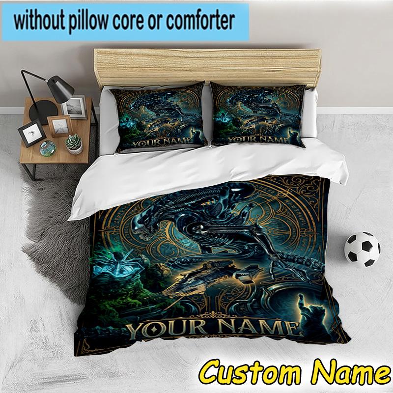 3pcs Custom Name Alien Artwork Bedding Set Includes 1 Duvet Cover & 2 Pillowcases for All Seasons Dormitory Home Decor Christmas Gifts