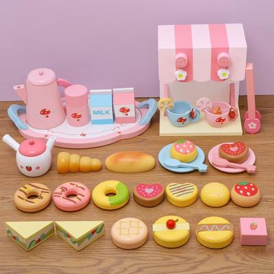 Wooden Children's Simulation Play House Mushroom Afternoon Tea Dessert Coffee Maker Cake Cutting Role Playing Toys