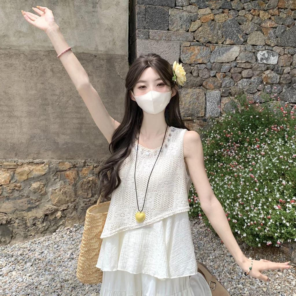 2025 Summer Ethnic Chinese Retro Hollow Camisole Dress Set - Sleeveless, High Waist, Two-Piece