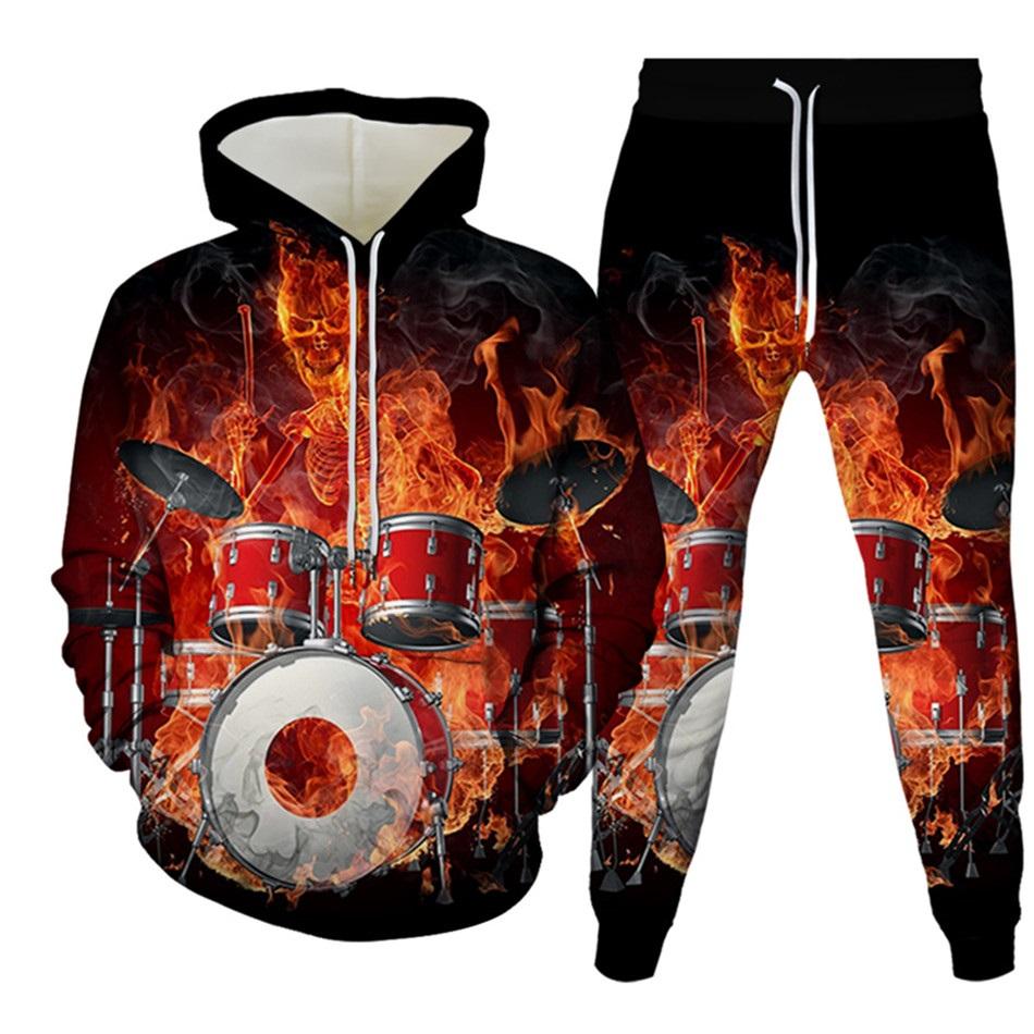 New Men's Tracksuit Sets Goth Punk Skull Fire 3D Printing Hoodies Pants Suit High Quality Skeletons Pullover Streetwear Oversized