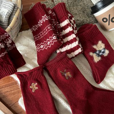 Rote Mid-Calf-Socken für Damen, Dicke und warme Woll-Weihnachtssocken für Herbst und Winter, Frotteesocken mit Schneeflocken- und Elchmuster