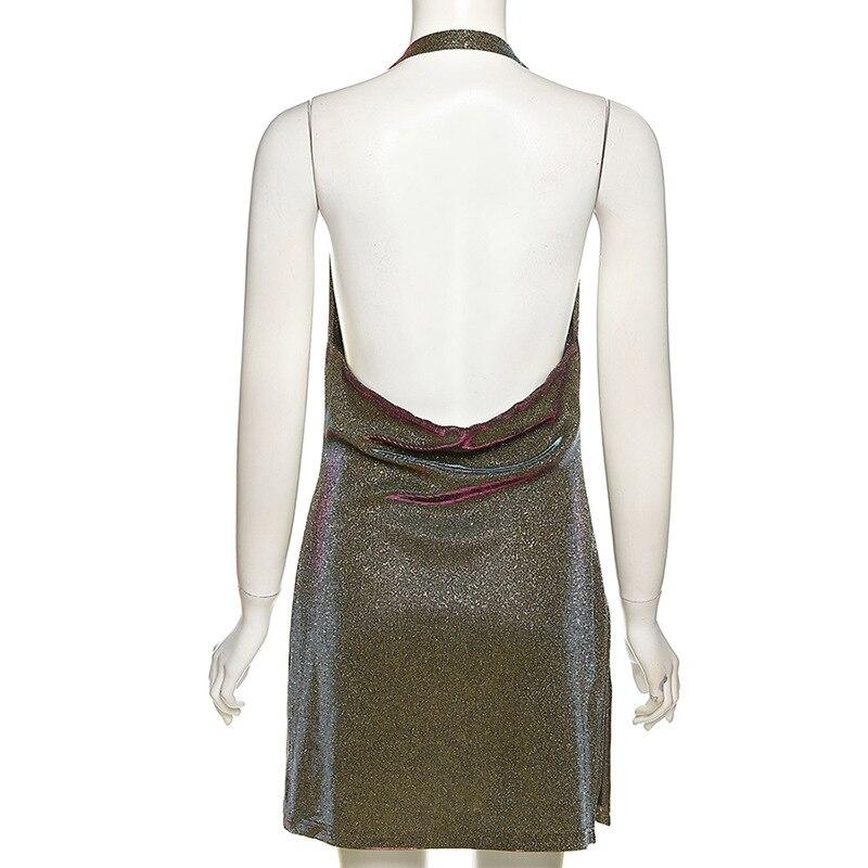 2023 Side Split Backless Dress StreetwearWomen's Sexy Mini Bodycon Dress Cowl Neck Sequins Glitter Halter Dress Summer