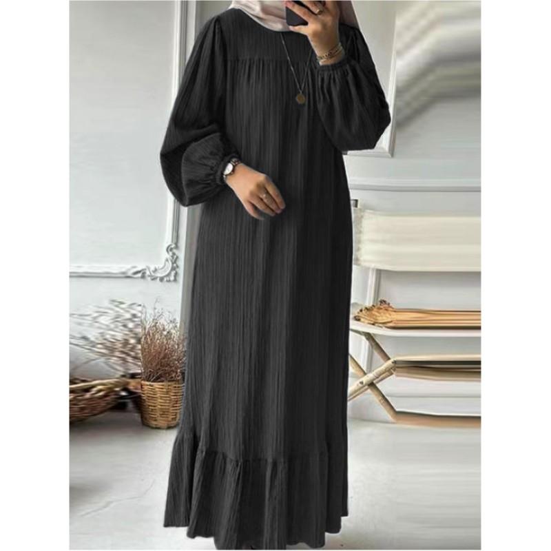 Women Spring and Autumn Muslim Plus Size Long Dress Long Sleeve Ruffled Hem Simple Vintage Dress