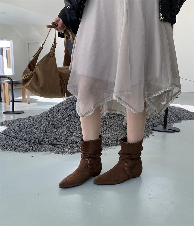 Coarse Heel Brown Maillard Medium Boots Women s Boots 2025 Fall/Winter Suede Braided Pointed Pile Boots Boots Boots 35
