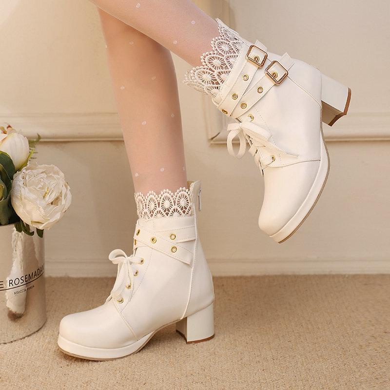  Short Boots Hollow Lace Belt Buckle LO Lolita Shoes Student Dress Short Boots and Ankle Boots