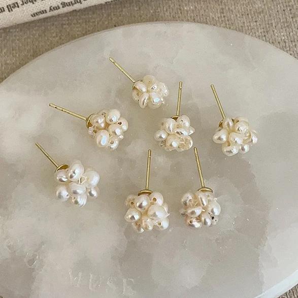 Brincos de Botão Fogos de Artifício de Pérola de Água Doce em Prata Esterlina Real com Ouro 14K para Mulheres Tendência Finos Acessórios de Flor