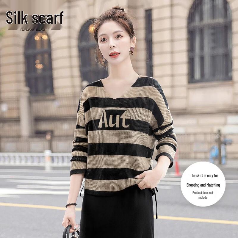Women s Wool Blend V-Neck Striped Knit Sweater S