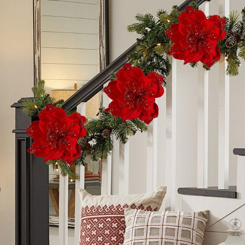 Glitter Artificial Christmas Flowers Simulation Red Poinsettia Flower DIY Xmas Tree Ornaments Wedding New Year Home Decorations