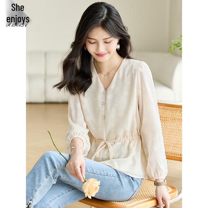 Women's French Style V-Neck Puff Sleeve Tie-Waist Blouse