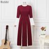 ZANZEA Women Casual Round Neck Long Sleeve Loose Long Dress