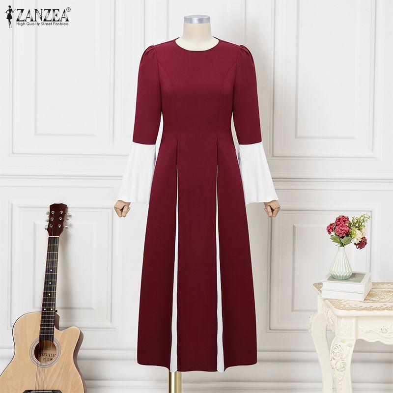 ZANZEA Women Casual Round Neck Long Sleeve Loose Long Dress