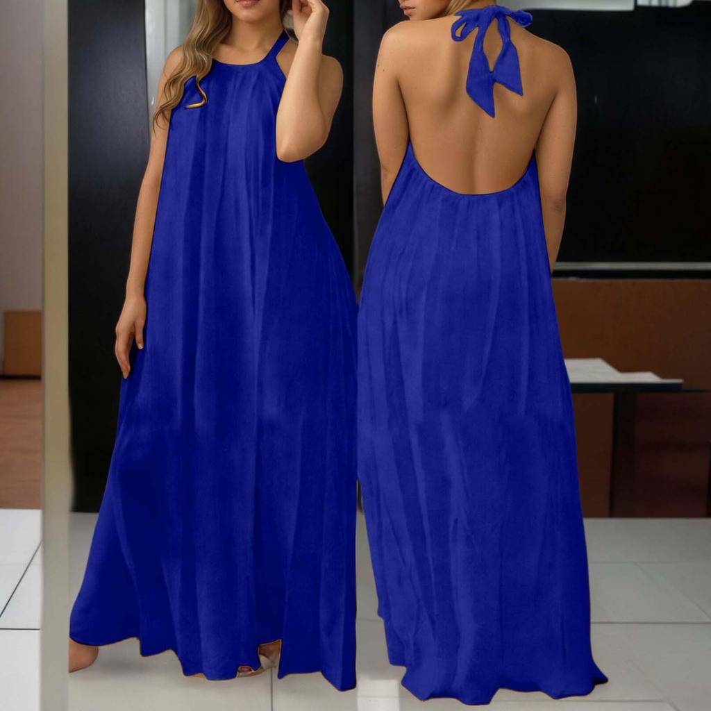 Women Neck Backless Maxi Dress Loose Fit Sleeveless Long Dress Lightweight Flowy Casual Sundress for Summer Holiday