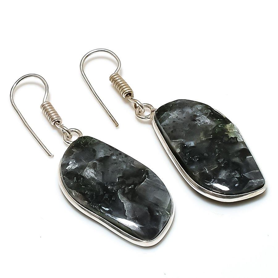 Natural Larvikite Gemstone Handmade 925 Sterling Silver Jewelry Earring 1.77" AE-13650