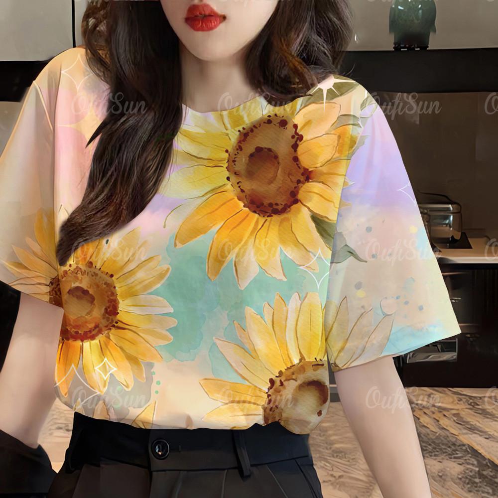 

Women s clothing floral pattern T-shirt top printed T-shirt short sleeved casual streetwear women s oversized T-shirt XXS