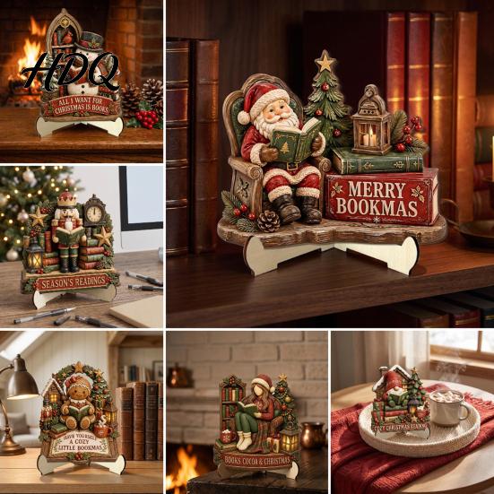 Reading Figure Ornaments 2D Flat Wooden Christmas Tabletop Sign Gnome Nutcracker Snowman Santa Claus Unique Gifts for Readers Gingerbread Man