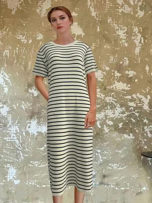 Plus Size Adjustable Waist Knitted Ice Silk Long Dress, Large Round Neck, Short Sleeve, Solid Color, Striped Summer Design