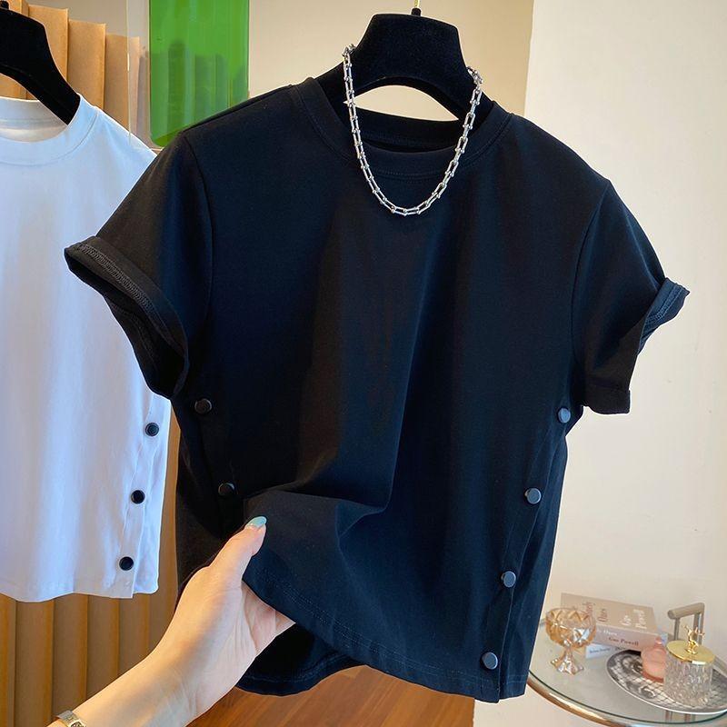 Women's Summer Loose-Fit Casual Button-Down Split-Front Round-Neck Short-Sleeve T-Shirt: A Unique Outerwear Top