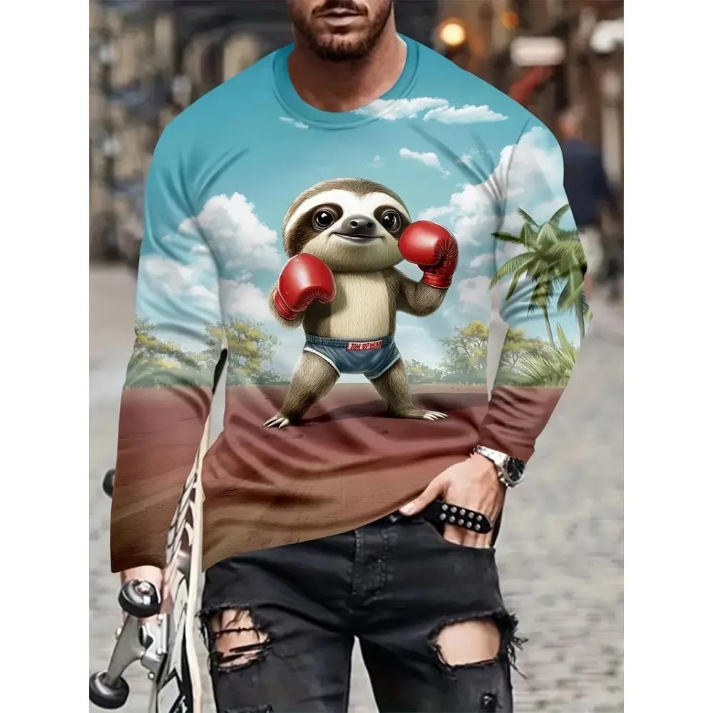 Cartoon Vibrant Rabbit Long Sleeve T-shirt Funny Animal Theme 3D Print T-shirt Man Casual Crew Neck T-shirt