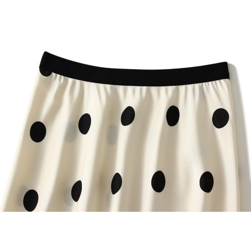 Qooth French Vintage Acetate Satin Polka Dot Mermaid Maxi Skirt Elegant Flowy Long Half Skirt for Women Slimming & Versatile