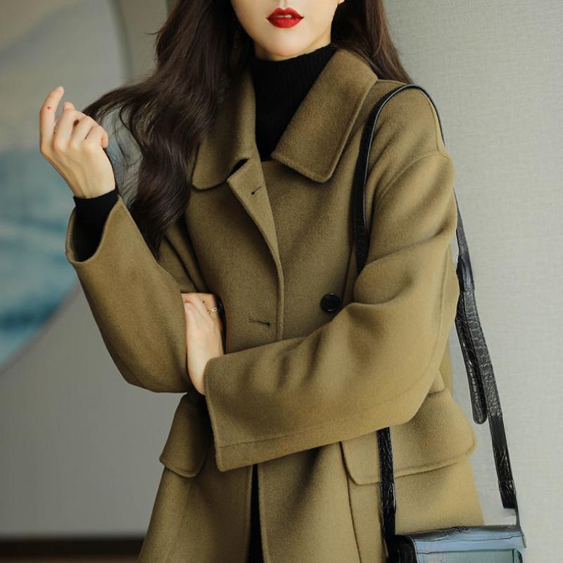 Palton de lână de toamnă și iarnă pentru femei, de lungime medie, până la genunchi, de culoare fulgii de ovăz, de culoare uni, de culoare coreeană, de haine de lână pentru femei