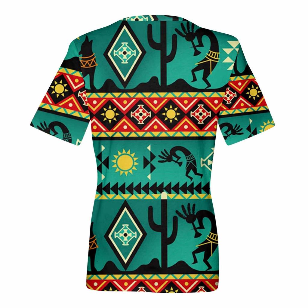 Moda feminina casual confortável estampado decote em V blusa de manga curta