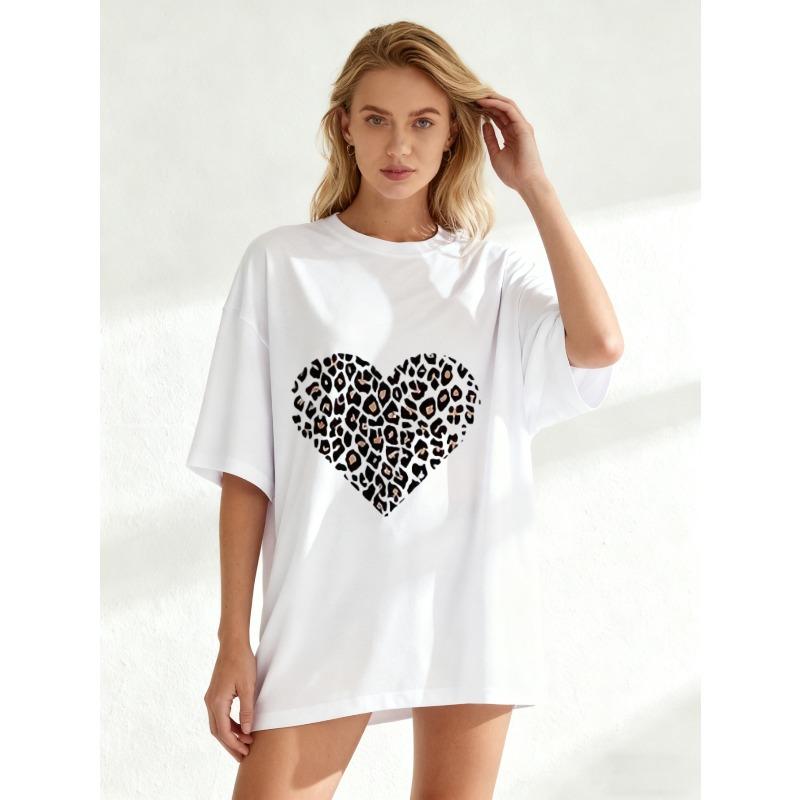 Oversized T Shirt Black Heart Leopard Print Design Casual Wear For Women Summer Fashion Statement Top