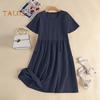 Women's Cotton Linen Summer Dress Round Neck Short Sleeve Midi Dress Loose Casual Beach Vacation Flowy Dress with Pockets