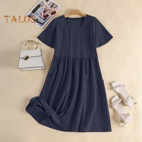 Women's Cotton Linen Summer Dress Round Neck Short Sleeve Midi Dress Loose Casual Beach Vacation Flowy Dress with Pockets